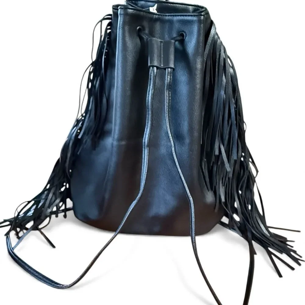 NWT Victoria’s Secret Women's Black Fringe Drawstring Backpack - Picture 3 of 10